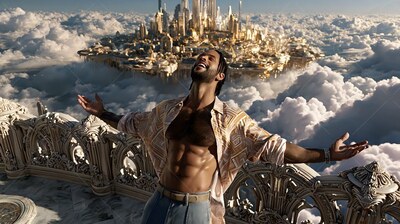 Wearing an unbuttoned patterned shirt, a bearded man opens his arms above the clouds
