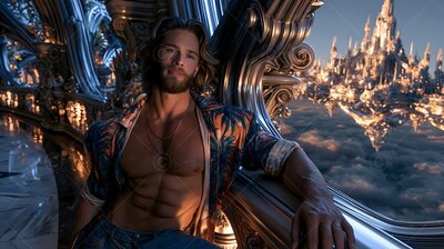 A bearded man leans against a balcony railing under warm golden sunset light