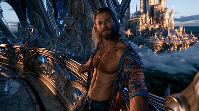 Leaning back on a carved balcony, a shirtless man rests before a city above the clouds