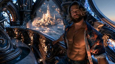 A bearded man with an open floral shirt stands on a balcony overlooking a city in the clouds