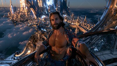 On a silver balcony high above the clouds, a bearded man relaxes in an open shirt