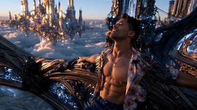 Leaning back smiling, a shirtless man rests on a balcony high over clouds and city spires