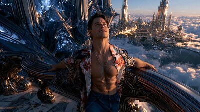 A bare-chested man in an unbuttoned floral shirt leans on a high balcony