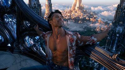 In an unbuttoned floral shirt, a man smiling leans back on a high balcony above a distant city