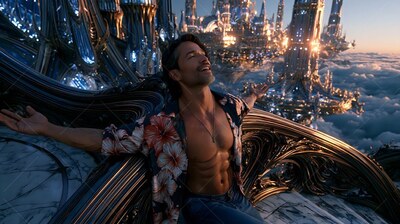 A man leans back with open arms on a balcony as warm gold light touches a city of towers
