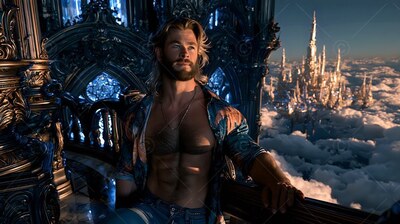 Sitting shirtless on a balcony with a stone railing, a bearded man overlooks spires above clouds