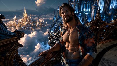Standing by a stone railing, a smiling bearded man dressed in an open shirt looks out at sunset clouds