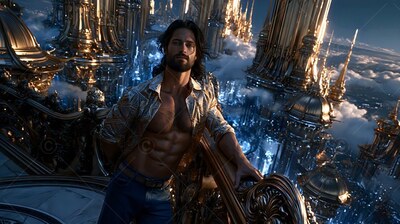 A bearded man in an open shirt leans on a gold balcony set above clouds