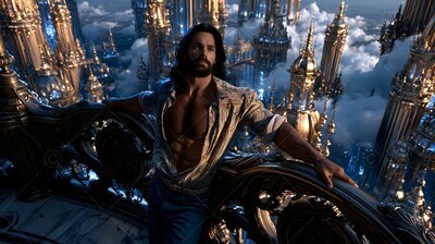 An unbuttoned striped shirt on a bearded man leaning over a balcony above a city of gold spires