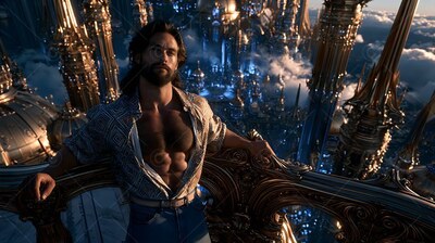 A bearded man leans on a high balcony with his shirt open in warm evening light