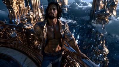 Leaning on a high balcony, a bearded man wears an open gold shirt above the city clouds