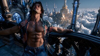 A shirtless man leans back on a high balcony set above clouds and city spires