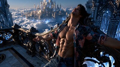 On a balcony overlooking the clouds, a muscular man leans back in an unbuttoned shirt