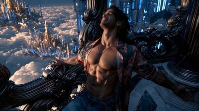 Leaning back on a balcony, a muscular man in an unbuttoned shirt smiles over a cloud city