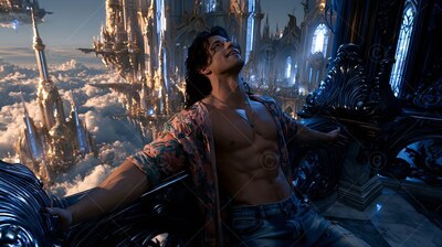 A grinning man wearing an unbuttoned shirt leans back against a high balcony