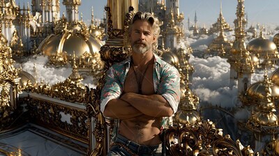 In an open floral shirt, a muscular bearded man crosses his arms on a balcony above golden spires