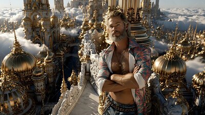 A bearded man poses standing with arms crossed on a high balcony set above gold domes in late sunlight