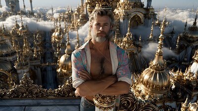 Arms crossed above a city of gold spires, a bearded man stands in an open shirt