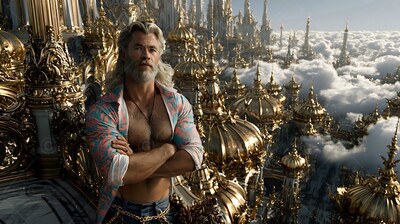 A muscular, bearded man is standing bare-chested under an open printed shirt above golden domes