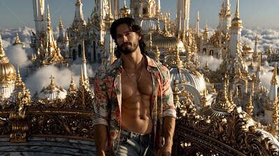 On a balcony overlooking a city of gold spires, a bearded man standing in an unbuttoned shirt