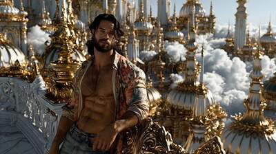 Leaning on a balcony, a bearded man with an open shirt rests before white and gold spires