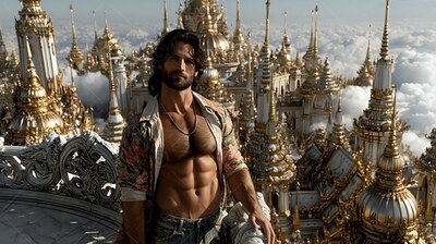 Bearded man in an open shirt on a balcony overlooking golden spires