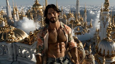 Unbuttoned floral shirt on a bearded man resting on a balcony over a gold city above clouds