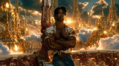 A muscular man crosses his arms on a balcony as warm sunset light hits the city spires