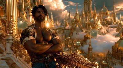 Arms crossed, a bearded man stands on a balcony looking over a city of gold spires