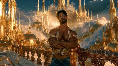 A shirtless man crosses his arms on a balcony before a gold city in the clouds