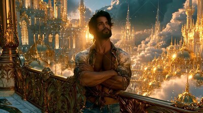 On a cut-stone balcony looking over golden spires, a bearded man crosses his arms in sunlight