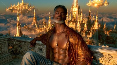 Sitting on a cut-stone balcony, a bearded man with an open shirt rests before a golden city