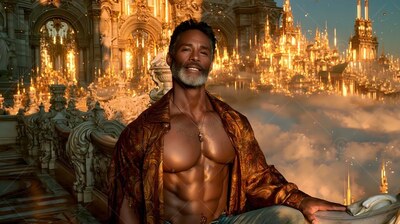 A bearded man in an unbuttoned shirt sits on a terrace above the clouds