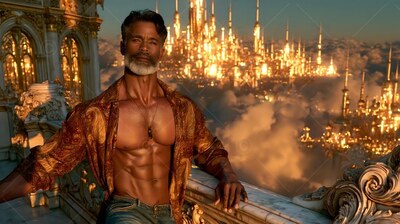 An unbuttoned silk shirt drapes off a bearded man leaning on a high balcony over clouds