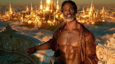 A shirtless man with a gray beard sits on a marble balcony in warm yellow light