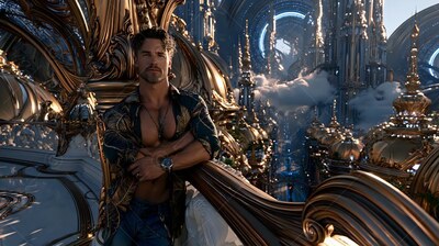Leaning on a gold balcony, a shirtless bearded man looks out over the city