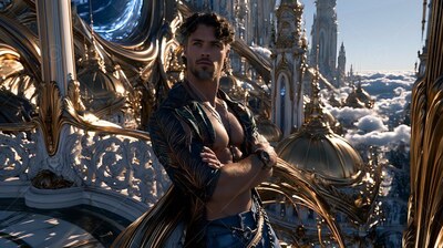 A bearded man with an open shirt stands on a white and gold balcony high above the clouds
