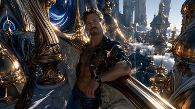 On a high stone terrace, a bearded man dressed in an open patterned shirt leans back