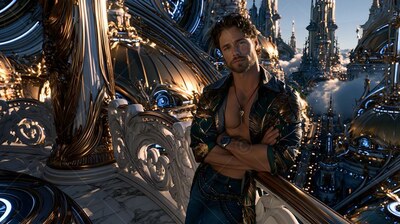 Leaning on a stone rail, an open-shirted man stands before high towers