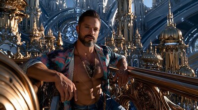 Bearded man leaning bare-chested in an open floral shirt on a gold balcony