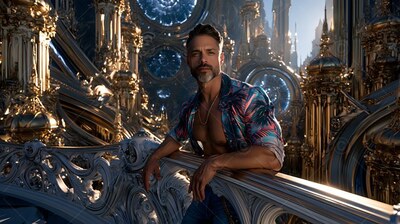 Unbuttoned printed shirt on a bearded man resting on a cut-stone balcony before a gold city