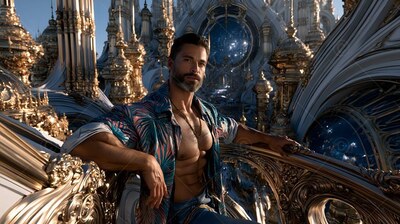 A bearded man sits in an open patterned shirt as warm golden sunlight touches his face