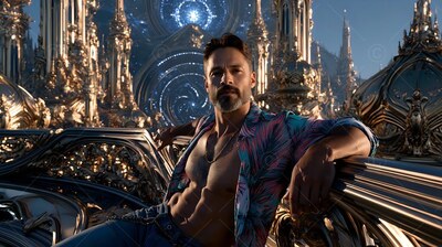 Reclining on a gold balcony, a bearded man wears an open floral shirt