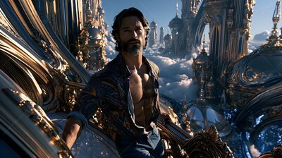 A bearded man in an unbuttoned patterned shirt leans back on a high golden balcony high over the clouds