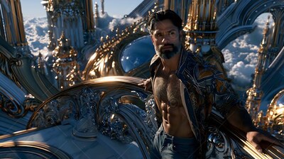 A bearded man leans against a high balcony railing under warm golden sunlight