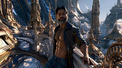 A bearded man leans on a high balcony with his shirt open above gold towers