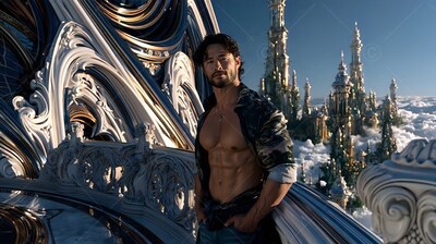 A muscular man in an open shirt leans on a balcony over clouds