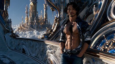 Shirt unbuttoned to his waist, a man standing on a marble balcony high over clouds and towers