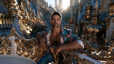 A bearded man sits with his open shirt on a balcony as warm sunlight shines from behind