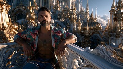 Leaning on a carved balcony, a bearded man looks out over gold city towers